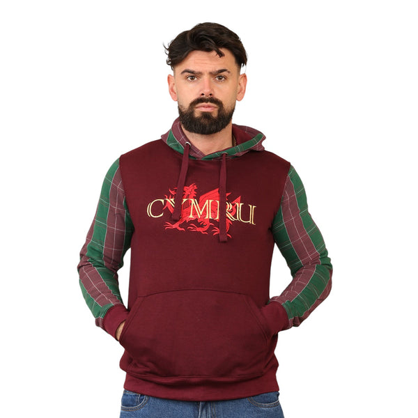 Wales Cymru Adults Gold 'CYMRU' Tartan Sleeve Hoodie