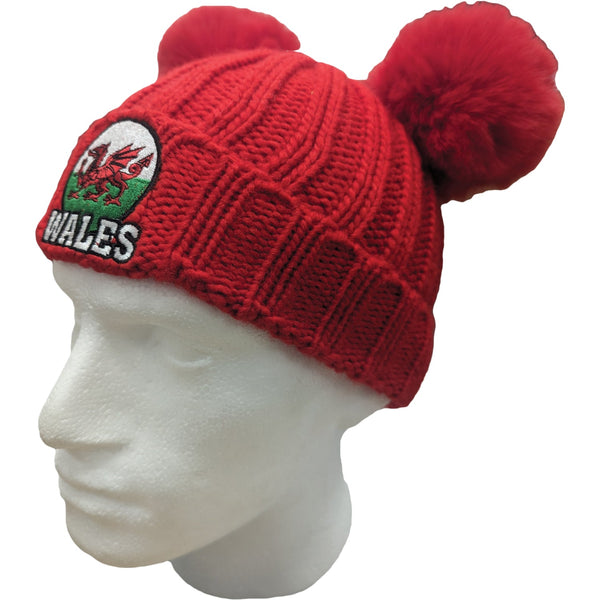 Kids Double Pompom Red Bobble Hat