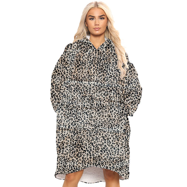 Wales Cymru Adults Oversized Sherpa Fleece Hoodies - Leopard Print