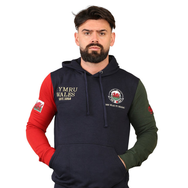 Wales Cymru Adults Gold 'Cymru Wales' Two-Coloured Sleeve Navy Hoodie