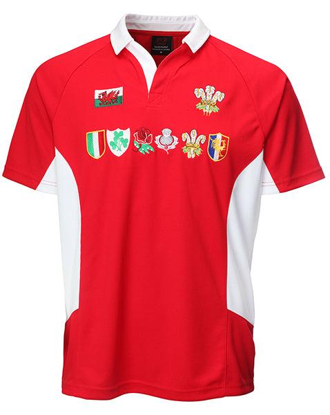 Wales Cymru Mens Multi Logo Cooldry Welsh Wales Rugby Shirt